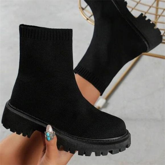 Variété Boutique Shoes - Ankle Boots Knit Sock Boot Chunky Block Stacked Mid Heel Comfortable Booties
